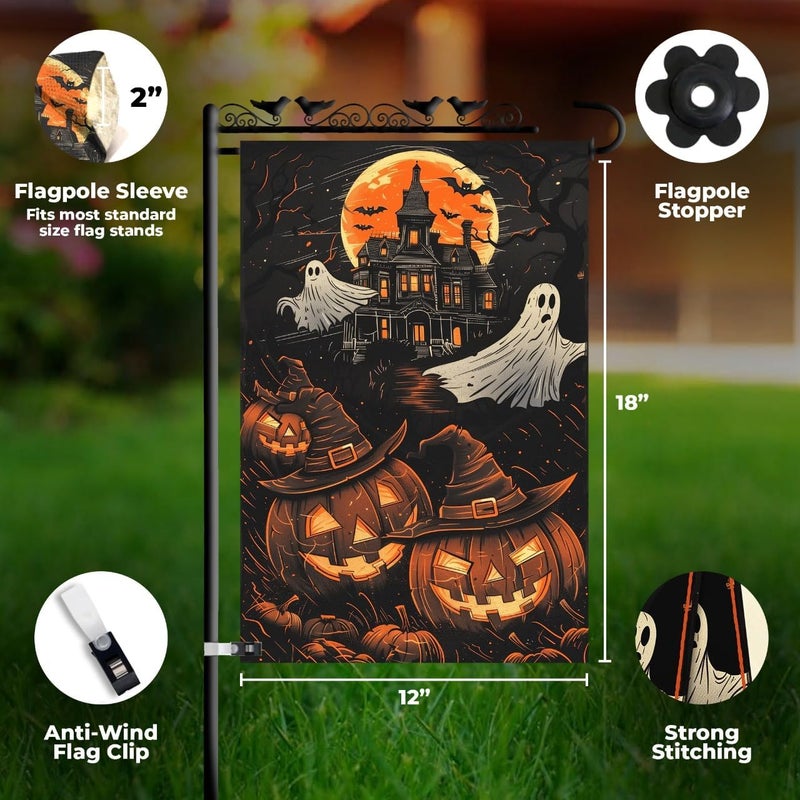 KarvePro Halloween Garden Flag 12x18 Double Sided – Haunted House with Ghosts & Pumpkin, Halloween Yard Flag for Outside, Durable Fall Outdoor Flag, Weatherproof - Image 3
